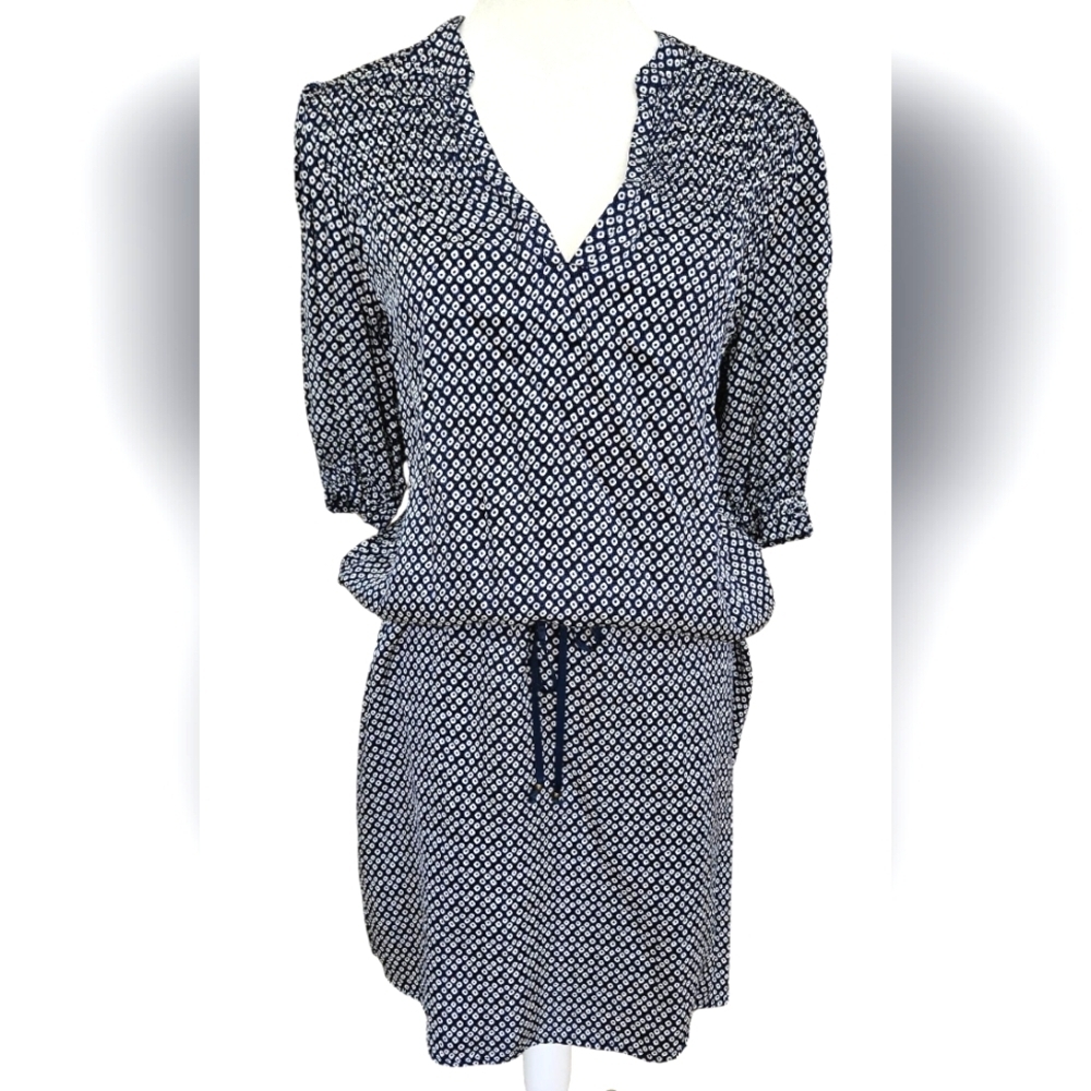 ANTHROPOLOGIE Sundays Tie Waist 3/4 Sleeved Mini Dress In Navy/white Spot.Size 0